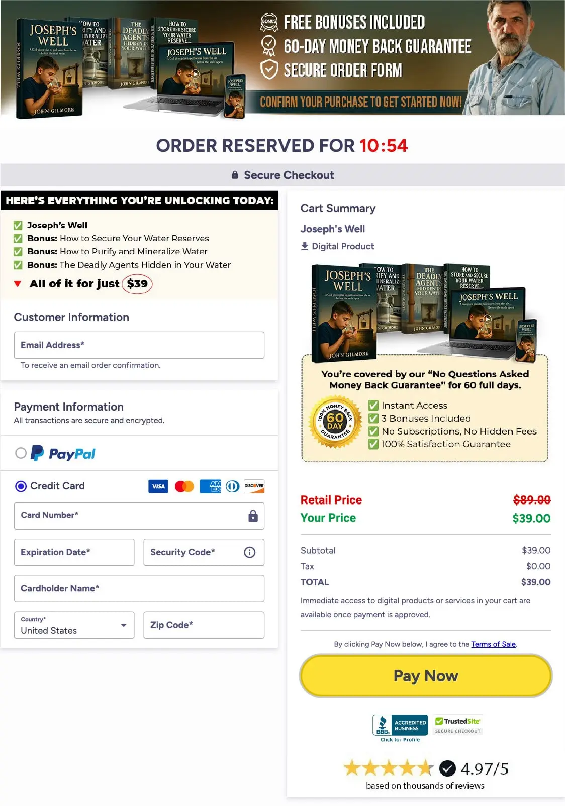 Payment method for Joseph's Well checkout page
